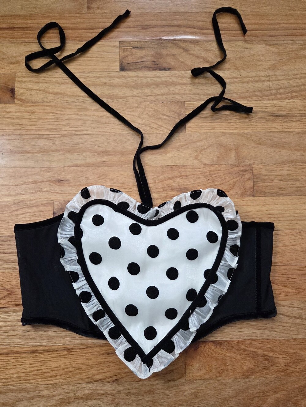 For Love & Lemons Heart Polka Dot Halter Corset Top Black White Size Large